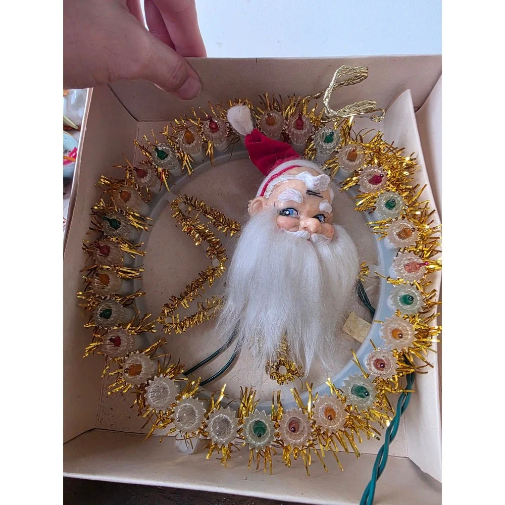 Vintage Holly Santa light up tree topper elf Xmas decor